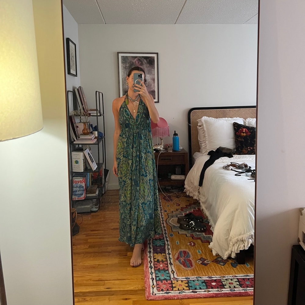 Paisley halter tie maxi dress with low back + neck